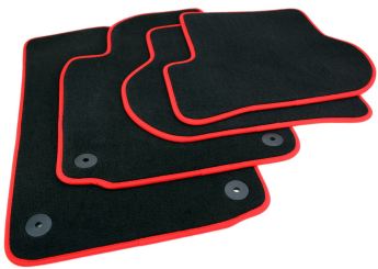 Fußmatten passend für VW Golf 5 6 Variant Jetta Scirocco Velours Premium Qualität Autoteppich schwarz/rot 4-teilig Druckknopf rund 
